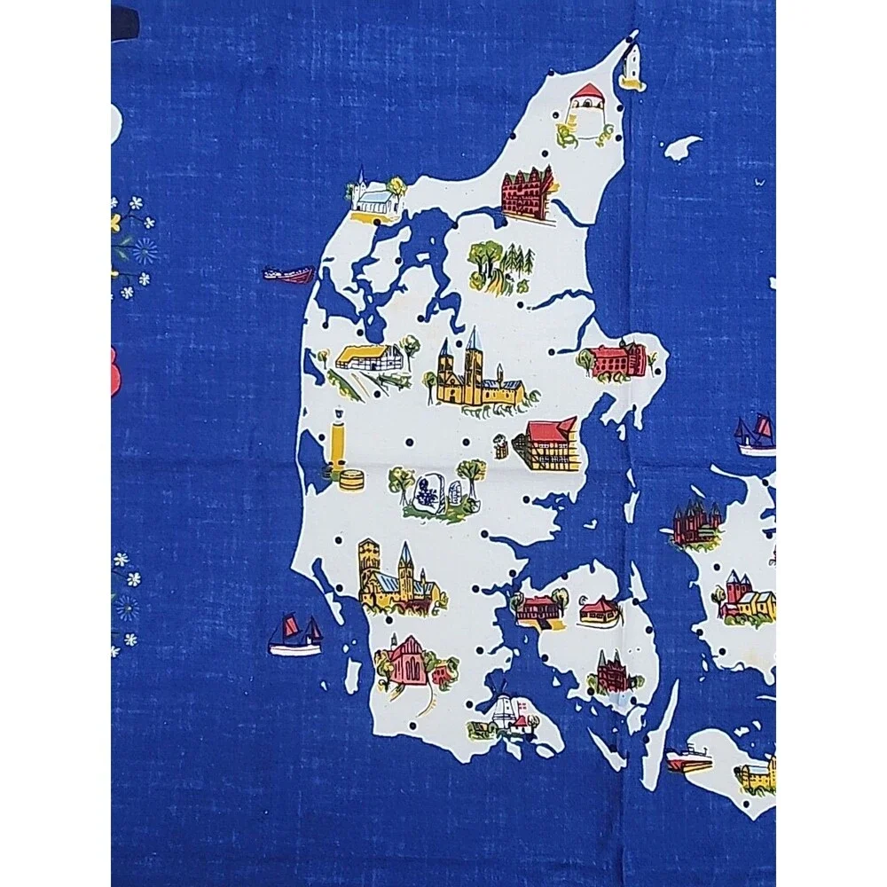 Vtg Tablecloth Fabric Ingrid Pedersen Denmark Souvenir 36” By 36” Blue